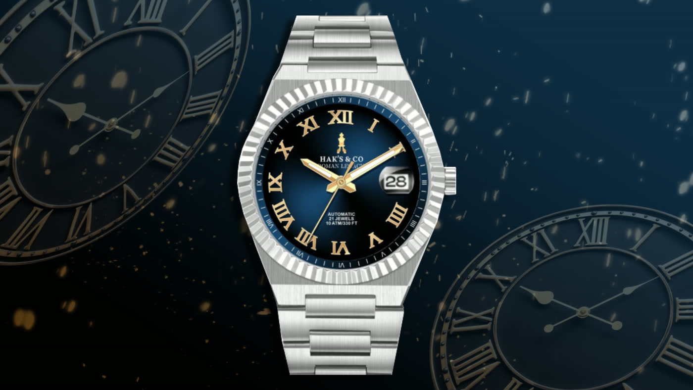 The Roman Legacy: a midnight blue dial with gold Roman numerals, against an antique clock face