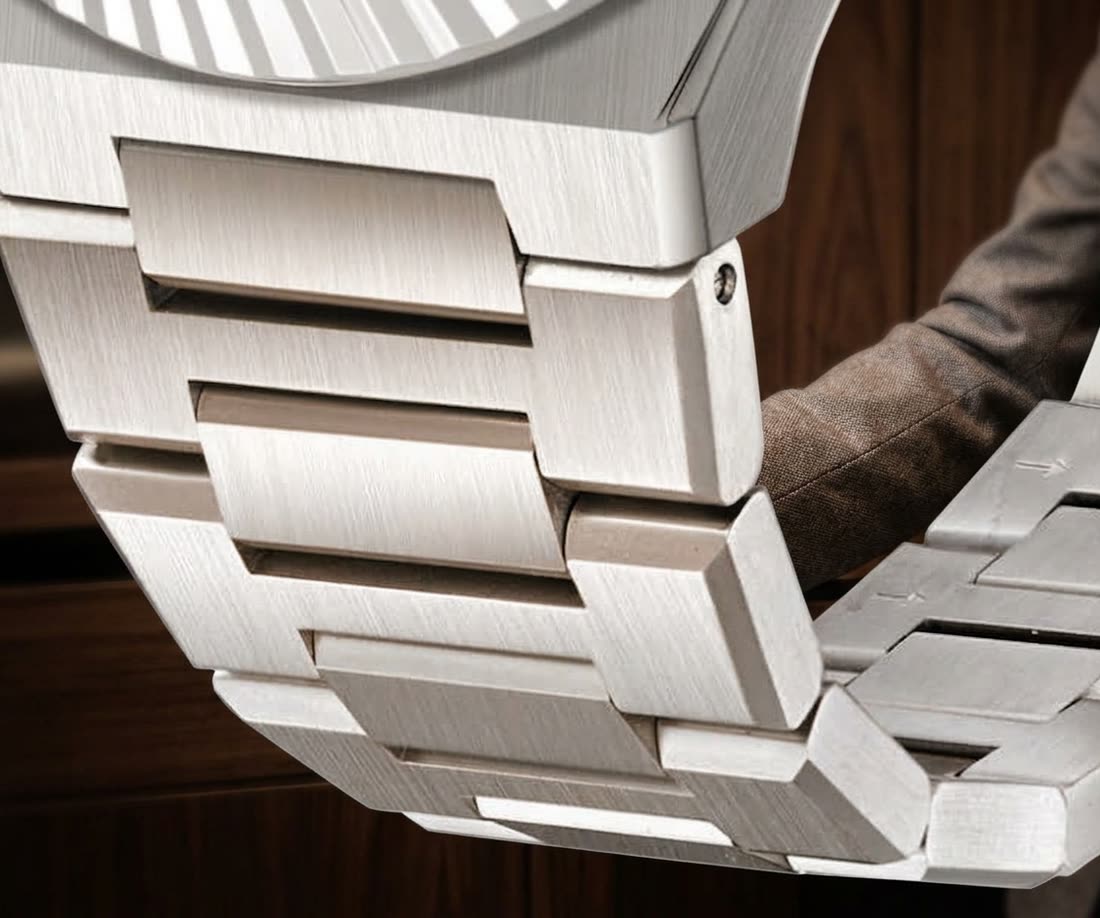Macro view of the integrated steel bracelet, brushed faces meeting polished chamfers
