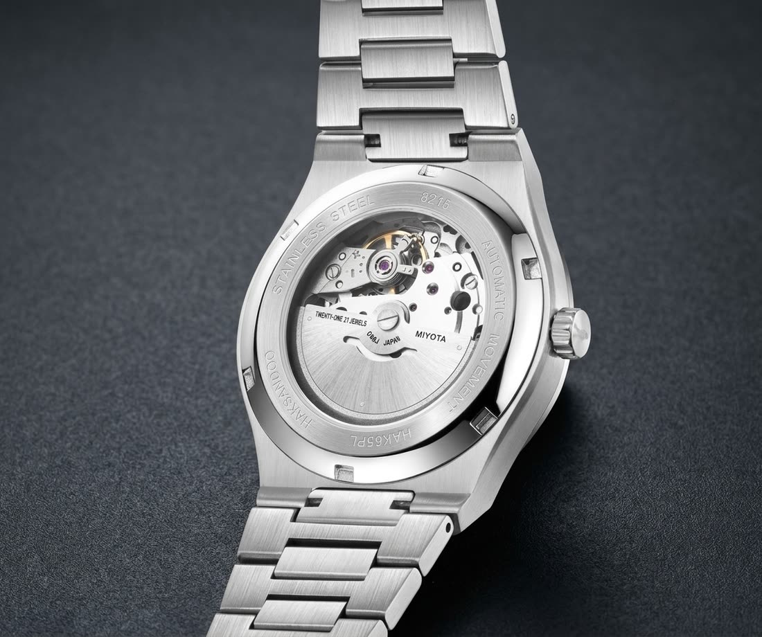 The open caseback of the Al-Qalea, showing the Miyota 8215 automatic movement